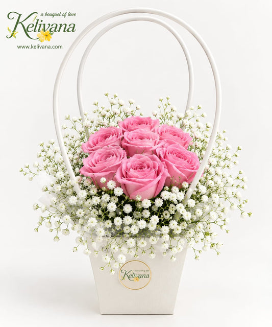 Pink Rose & Baby's Breath Handbag Arrangement